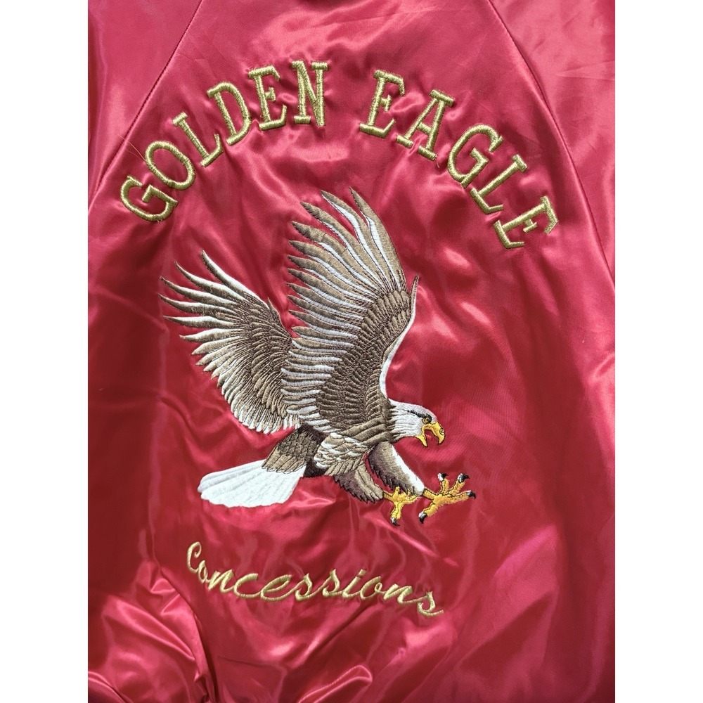 Vintage‎ 80s Golden Eagle Concessions Red Satin Bomber Jacket Embroidered "Pam"